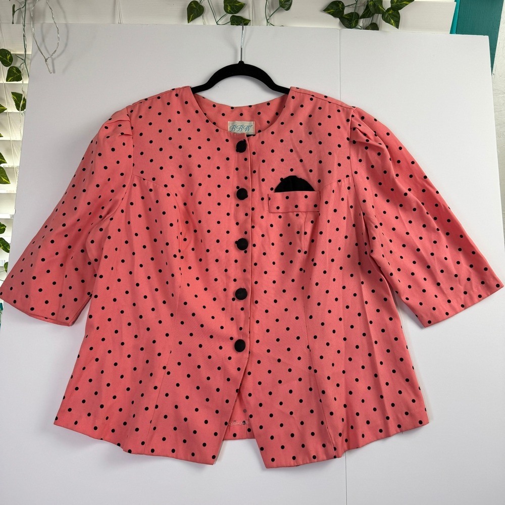 Vintage BBW Elite Coral Pink Polka Dot Blazer Short Sleeve Button Front Top 18W